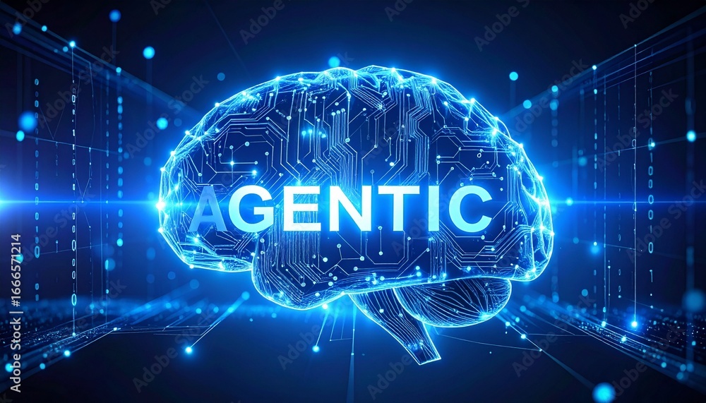 Poster futuristic glowing ai brain with neon blue circuits and holographic data streams on dark tech backgr