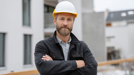 A successful contractor standing confidently at a building site, construction professional, project success, building development, contractor portrait, professional confidence