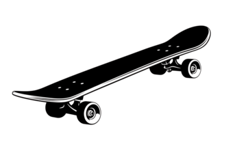 Black and white illustration of a skateboard, isolated on transparent background
