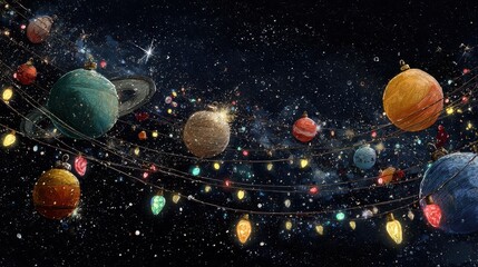 Fototapeta premium Ornate universe themed Christmas display with planetary ornaments and starry backdrop