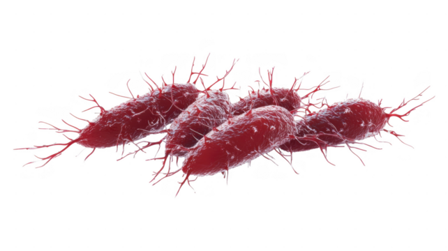 Red microscopic organisms displayed against a vivid transparent background