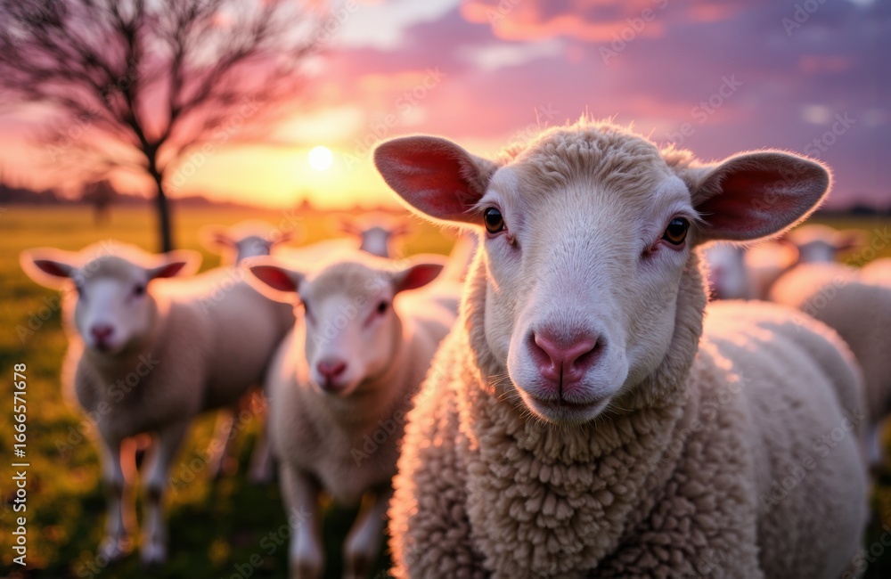 Poster a close-up of a sheep with a flock of sheep at sunset in the background