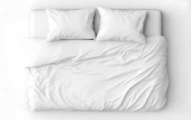 A blank white bed with smooth sheets and pillows, minimal and clean mockup, isolated on white background.