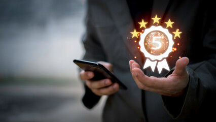 Businessman shows the sign of the top service Quality assurance 5 star, Guarantee, Standards, ISO certification and standardization concept, the best of product and service, the best quality very good