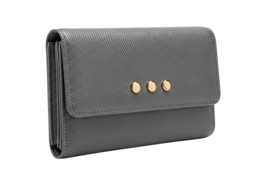 Stylish dark grey textured leather wallet with gold stud accents isolated on transparent background