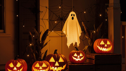 Spooky Halloween Night with Glowing Jack-O'-Lanterns and Hanging Ghost Decorations on Porch