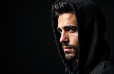 Fototapeta premium A young man with dark hair and beard wearing a black hoodie looking sideways against a dark background