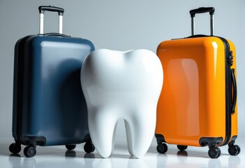 Obraz premium A large white tooth model is positioned between two colorful suitcases in this travel-themed dental image