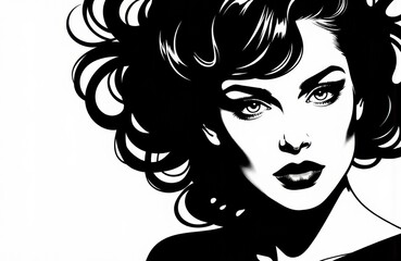 Fototapeta premium Woman with voluminous curly hair and bold makeup in black and white illustration