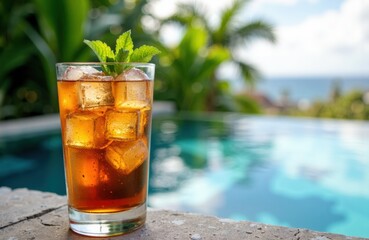 Refreshing iced tea with mint leaves on a poolside background during daytime