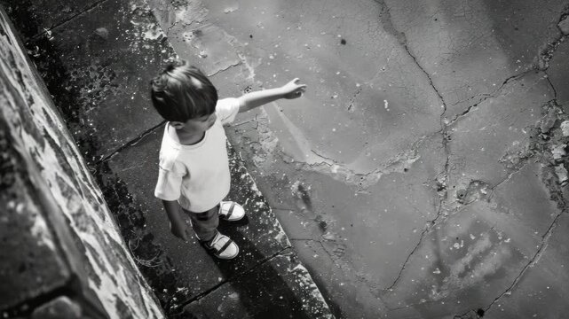 An impoverished child amidst a deteriorating urban setting, evoking themes of social struggle and human suffering.