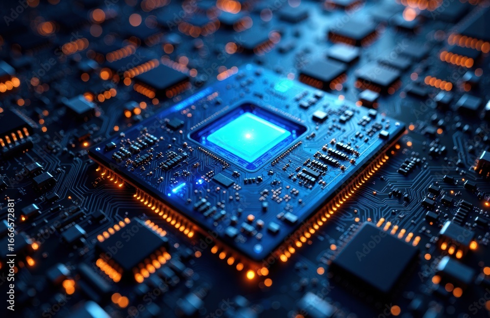 Poster a close-up of a computer microprocessor with glowing blue light on a circuit board