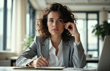 Obraz premium Woman in business attire sitting at desk in modern office environment