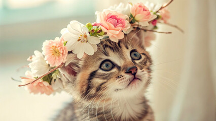 Close-up of kitten&rsquo;s face, floral crown, dreamy boho style.