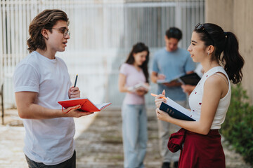 Group of students conversing and studying in an open outdoor space on a bright day.