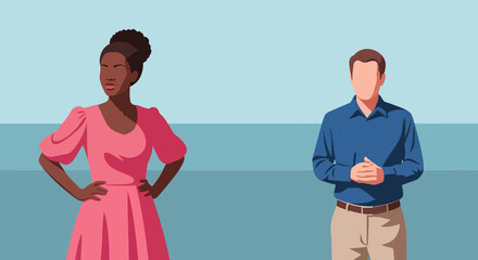 Obraz premium Diverse Individuals Standing Apart in a Minimalist Illustration, Representing Social Distancing and Personal Space