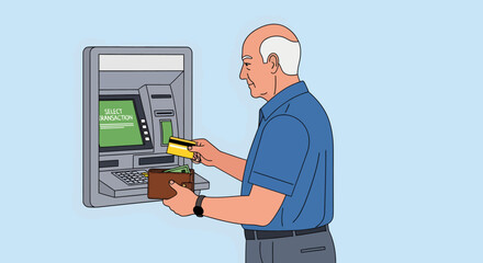 Elderly Man Using Automated Teller Machine for Financial Transaction with Credit Card and Wallet