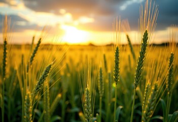 Obraz premium Golden wheat field illuminated by the setting sun with a dramatic sky overhead