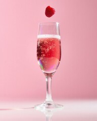 Elegant glass of sparkling pink champagne with fresh raspberry falling into bubbly drink on soft pink background for celebration and luxury celebration
