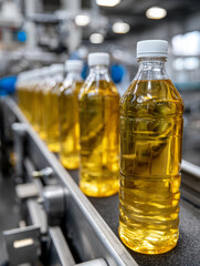 Plastic bottles filled with cooking oil on a factory conveyor belt.