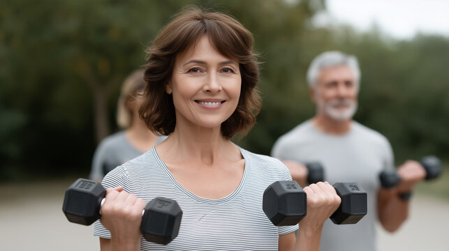 Senior people lifting dumbbells in a park, senior fitness, group exercise, outdoor workout, healthy aging, physical activity - Powered by Adobe