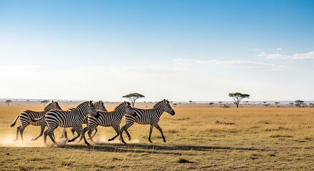 Herd of zebras running across the African savanna under a clear blue sky.