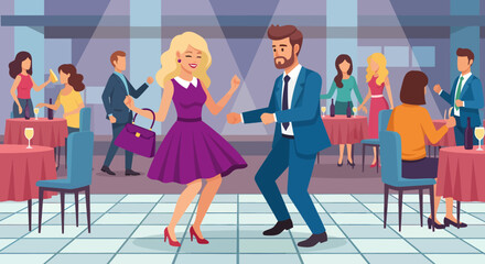 Fototapeta premium Joyful Couple Dancing Together at a Lively Social Event with Friends and Refreshments
