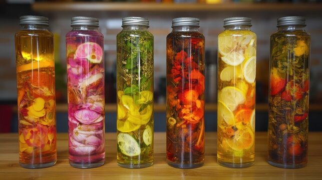 Infused water in glass bottles with colorful fruits and herbs - Powered by Adobe