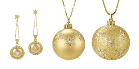 Gold Egg Jewelry Set Pendant, Earrings, Isolated on Transparent Background, Floral Design, Diamond Accents, Jewelry, Gold, Ornament