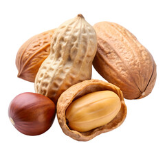 A pile of assorted nuts including peanuts and walnuts, isolated on transparent background