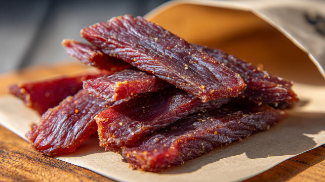 Closeup of beef jerky on a wooden board with packaging.