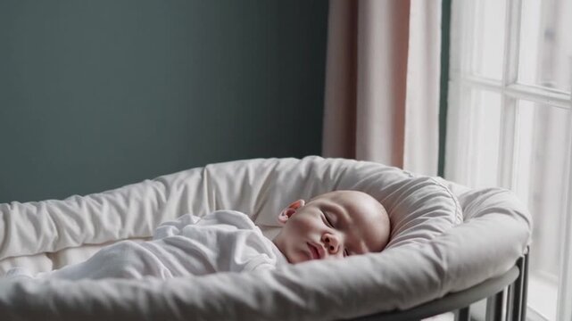 Peaceful Baby Sleeping in Cozy Nest, Natural Light Filtering Through Window in Serene Interior Setting