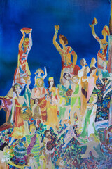 Ancient Greece Genre painting. Historical illustration holiday motley crowd. Leisure, walking personages people life.