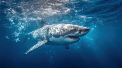 Fototapeta premium Great White Shark in Azure Depths: A majestic great white shark glides through the cool, tranquil blue ocean, showcasing its powerful form and the mysterious beauty of the deep sea.