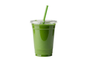 A vibrant green smoothie drink is presented in a clear plastic cup with a straw.