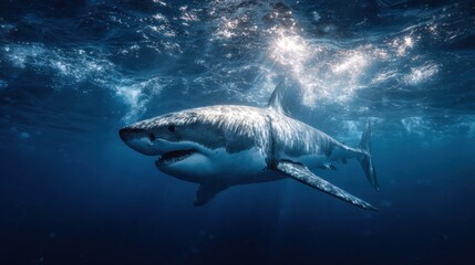 Naklejka premium Oceanic Predator: A captivating image unveils a majestic great white shark gracefully navigating the depths of the ocean. The sunlight filters from above, illuminating the shark's formidable form.