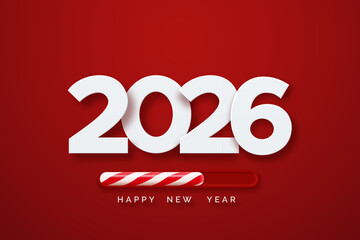 2026 Happy New Year text with candy cane loading bar on red background