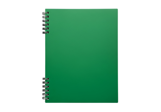 A vibrant, emerald green spiral-bound notebook stands out against a stark black background.