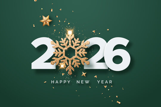2026 Happy New Year text with golden snowflake on green background