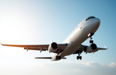 A commercial airplane flying through the sky with a clear background and no transparency