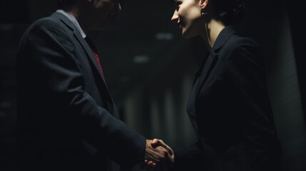 Handshake in Agreement: A captivating visual of two business partners, sealed a deal with a formal handshake, set in a low-key atmosphere, implying trust, respect, and success.