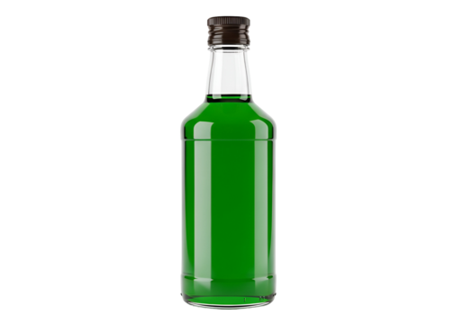 A glass bottle filled with vibrant green liquid, highlighted against a black background.