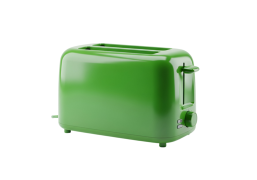 A vibrant green toaster, presented in a sleek, modern design, is featured against a solid black backdrop.