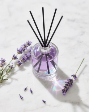 Elegant purple and clear glass diffuser bottle with black reed sticks for aromatherapy relaxation and freshening indoor spaces on a white marble surface