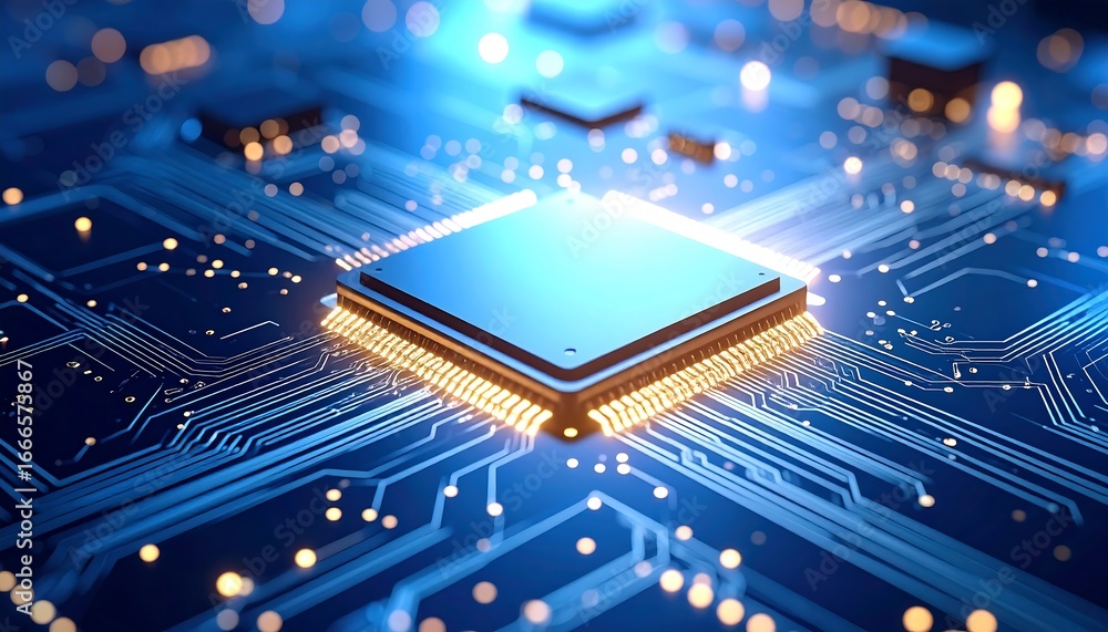 Fototapete high-tech computer microprocessor on circuit board.