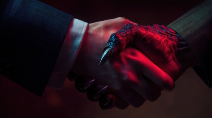 Agreement of Shadows: A compelling visual of an alliance forged in darkness, where a human hand shakes in a powerful grip with a shadowy claw, the crimson glow hinting at the stakes of the deal