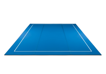 A vibrant, vivid, rectangular, blue playing surface with outlined white lines, perfect for a competitive sporting event.