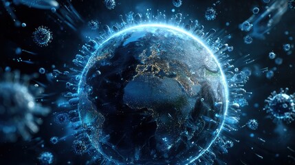 Obraz premium Global pandemic concept, Earth encircled by microbes, 3D illustration.