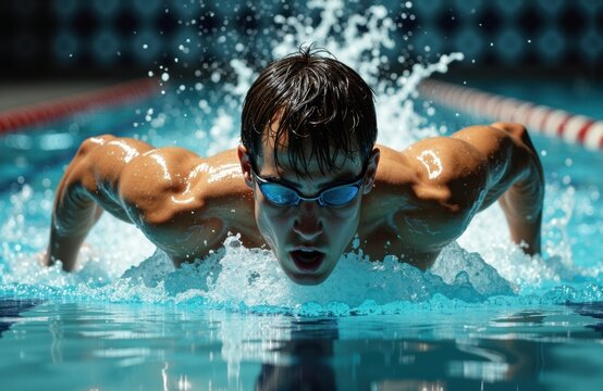 Young male swimmer performing a butterfly stroke in a swimming pool with splashing water and lane markers