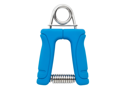 A hand grip exercise tool features a bright blue plastic handle and a metallic spring mechanism.